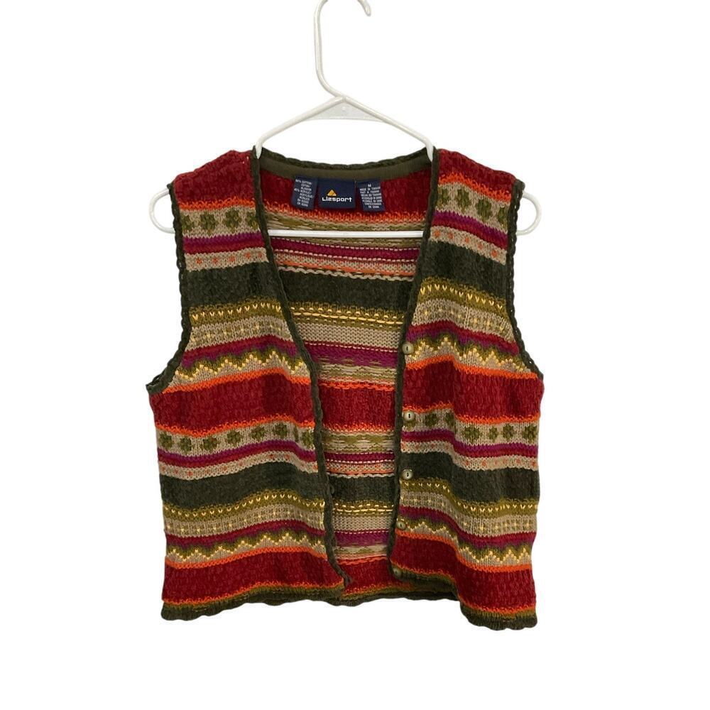 VTG Lizsport Chenille Knit Sweater Vest Stripes 3D Earthy V Neck Buttons Medium - Picture 2 of 7